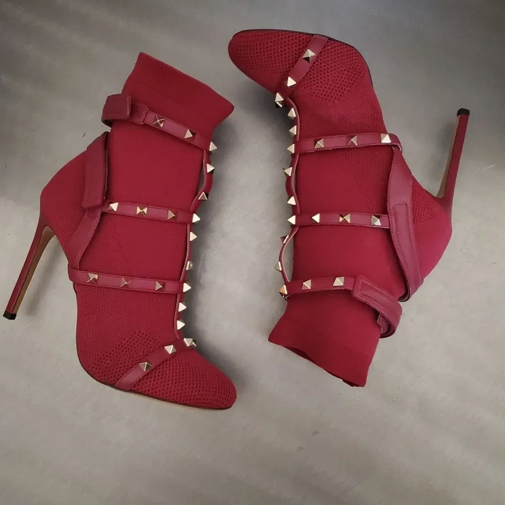 VALENTINO GARAVANI Knit Rockstud Bodytech Calfskin Sock Boot Heel Burgundy 39.5 - Picture 2 of 11